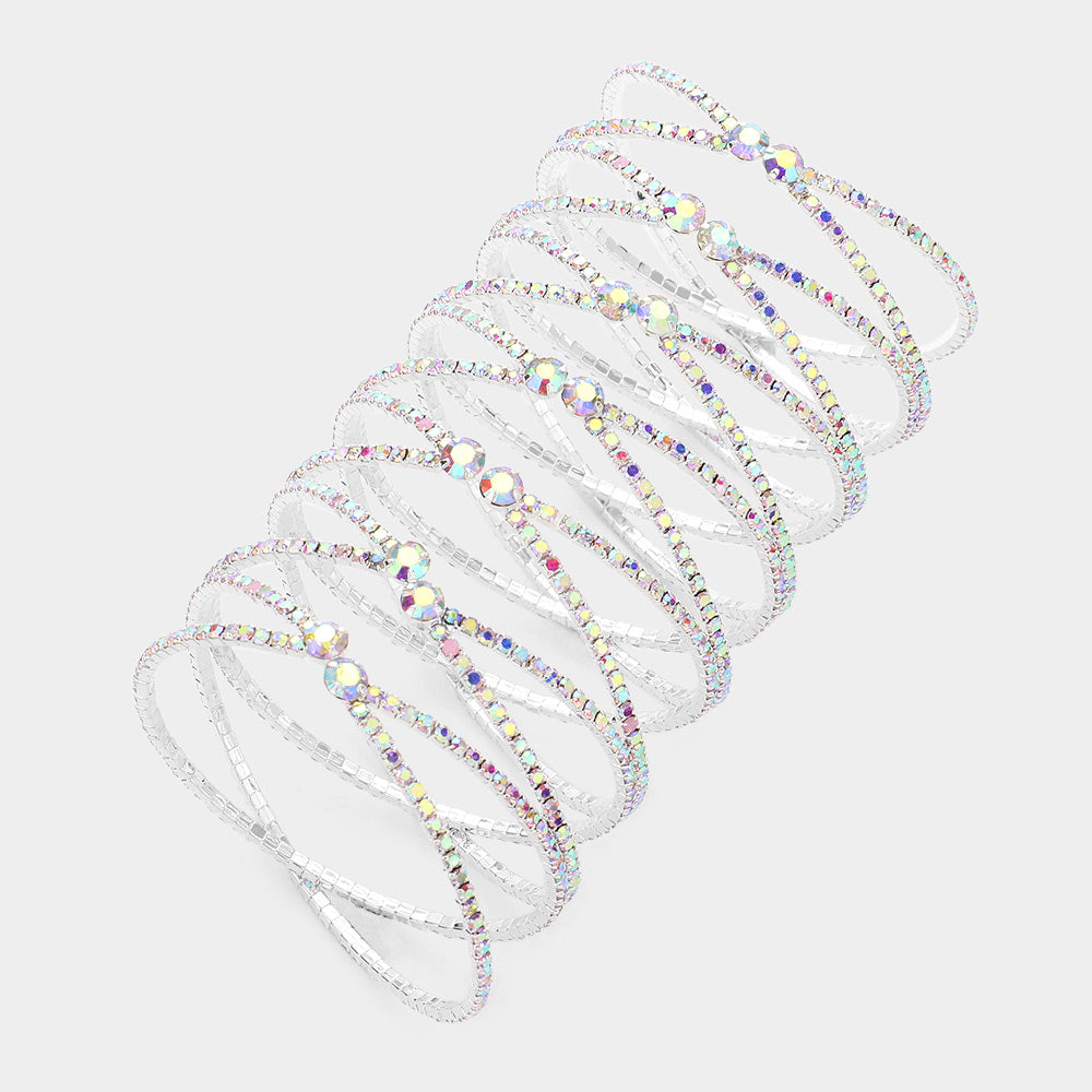AB Round Stone Long Crisscross Cuff Pageant Bracelet on Silver
