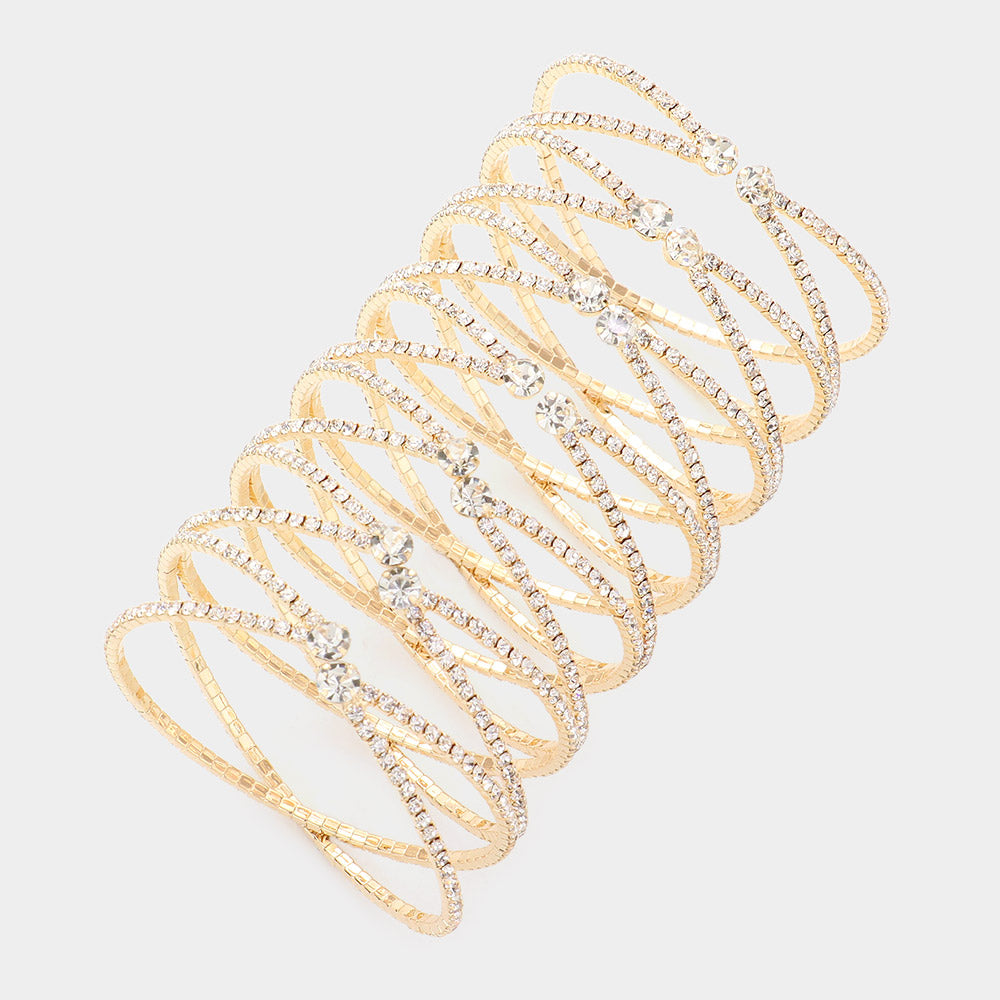 Clear Round Stone Long Crisscross Cuff Pageant Bracelet on Gold
