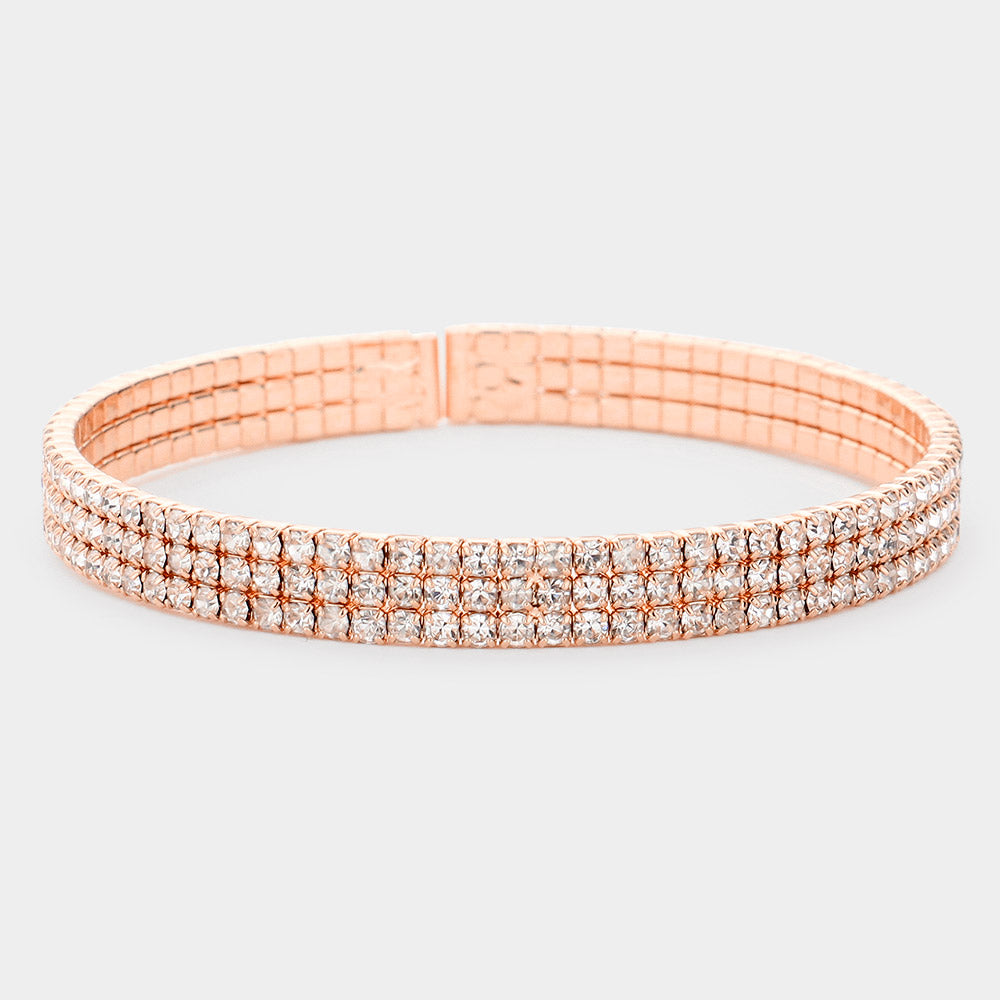 3 Row Rhinestone Cuff Bracelet on Rose Gold | Pageant Jewelry