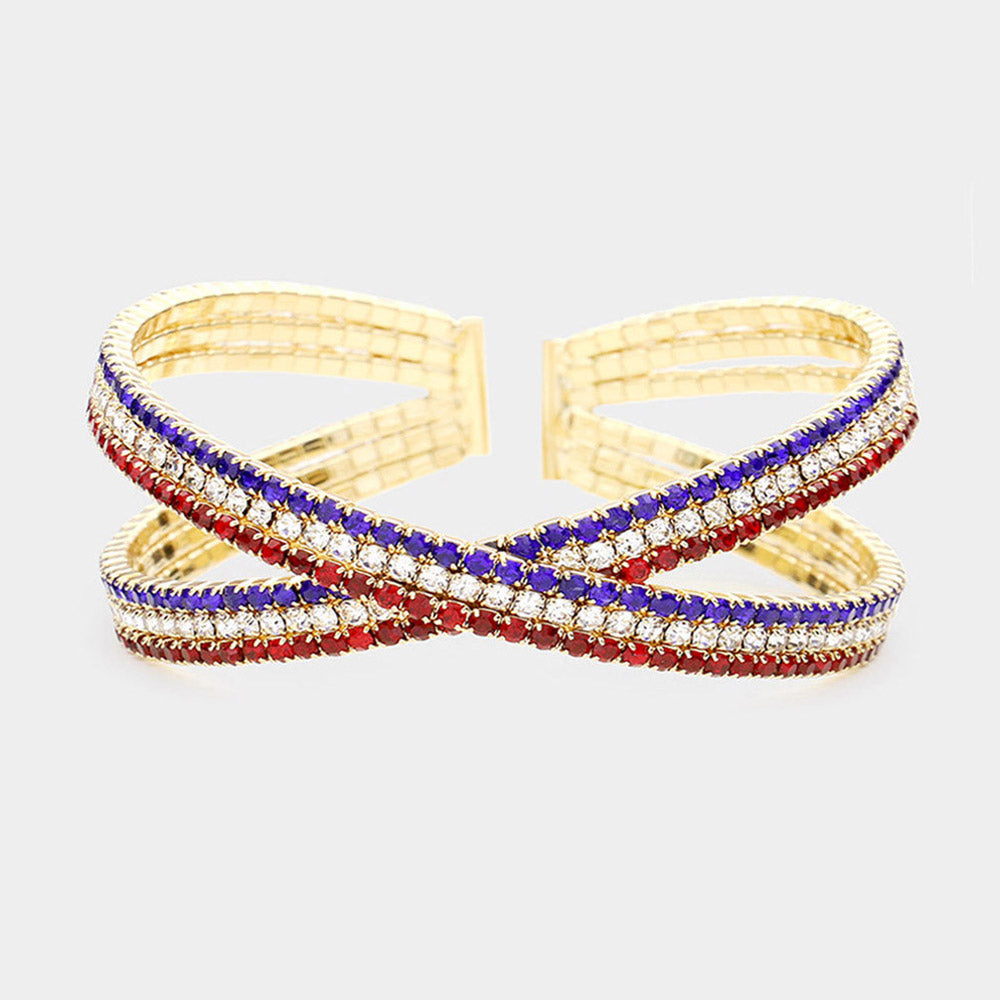 Multi-Color Rhinestone Embellished Crisscross Cuff Pageant Bracelet on Gold | Cuff Prom Bracelet
