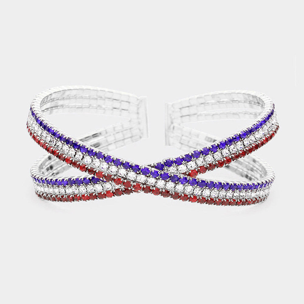 Multi-Color Rhinestone Embellished Crisscross Cuff Pageant Bracelet on Silver | Cuff Prom Bracelet