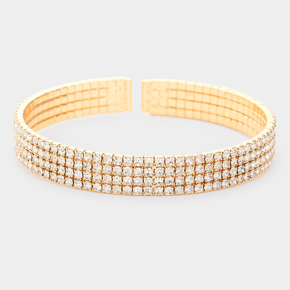 4 Row Rhinestone Cuff Bracelet on Gold | Pageant Jewelry