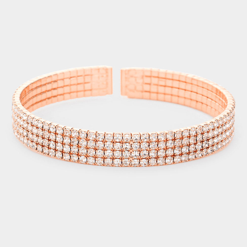 4 Row Rhinestone Cuff Bracelet on Rose Gold | Pageant Jewelry
