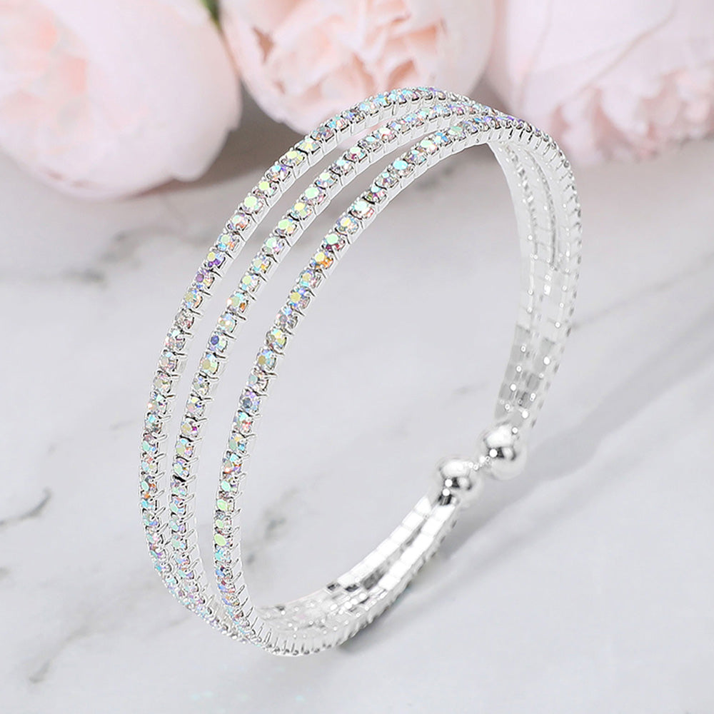 Three Row AB Crystal Rhinestone Cuff Bracelet on Silver