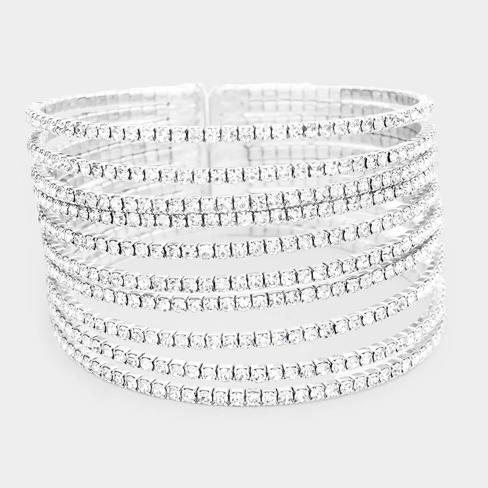 Multi Row Rhinestone Cuff Bracelet on Silver | 10 Rows