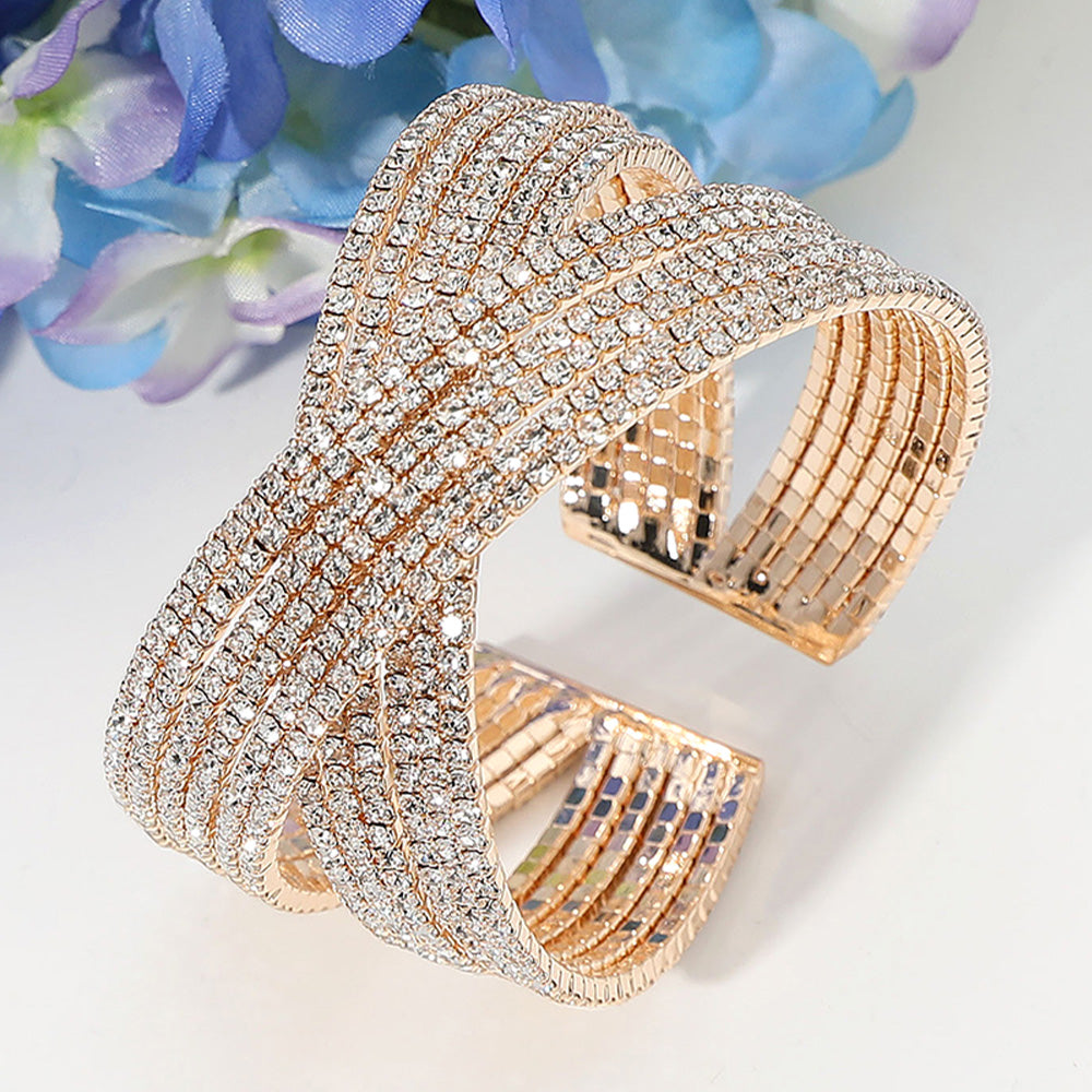 CZ Stone Crisscross Pageant Cuff Bracelet on Gold| Evening Bracelet | Statement Bracelet