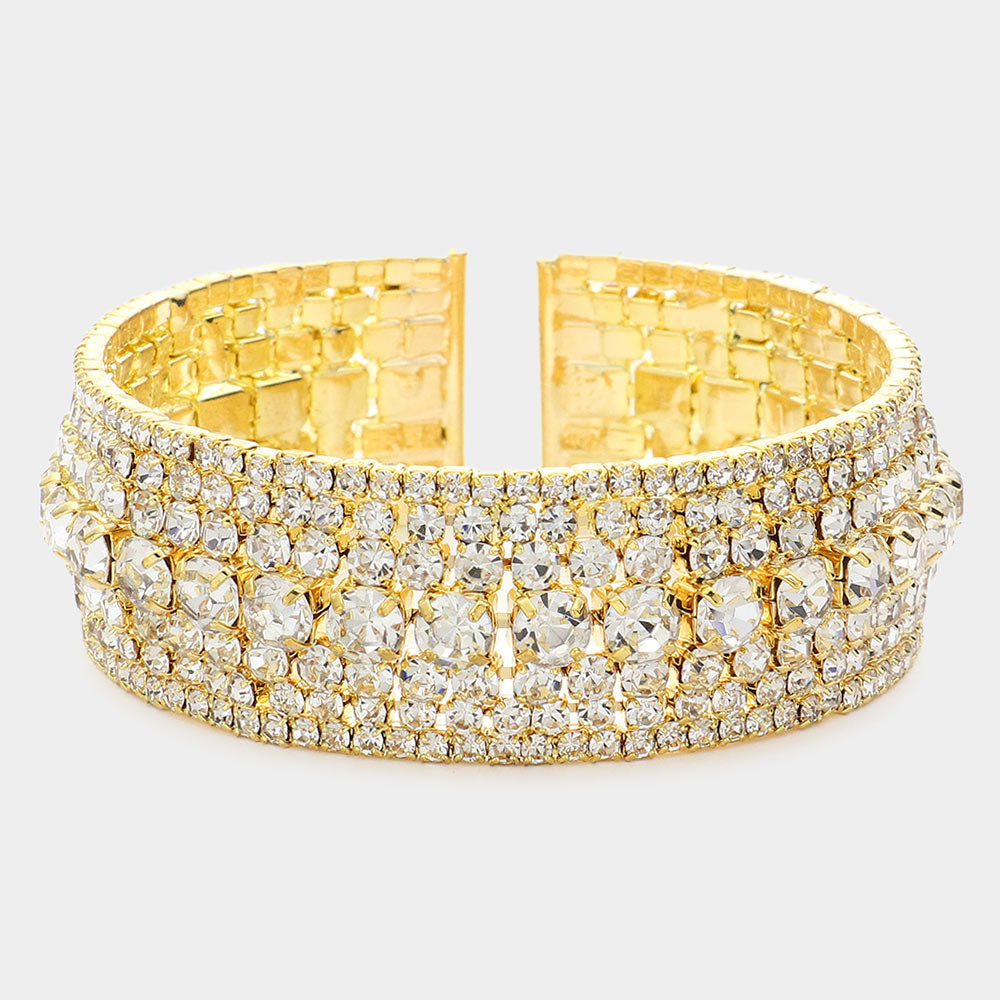 Clear Rhinestone Accented Cuff Bracelet on Gold | Evening Bracelet