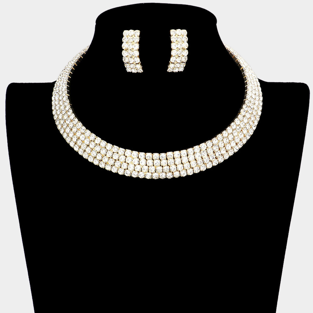 Four Row AB crystal rhinestone choker and earrings on Gold