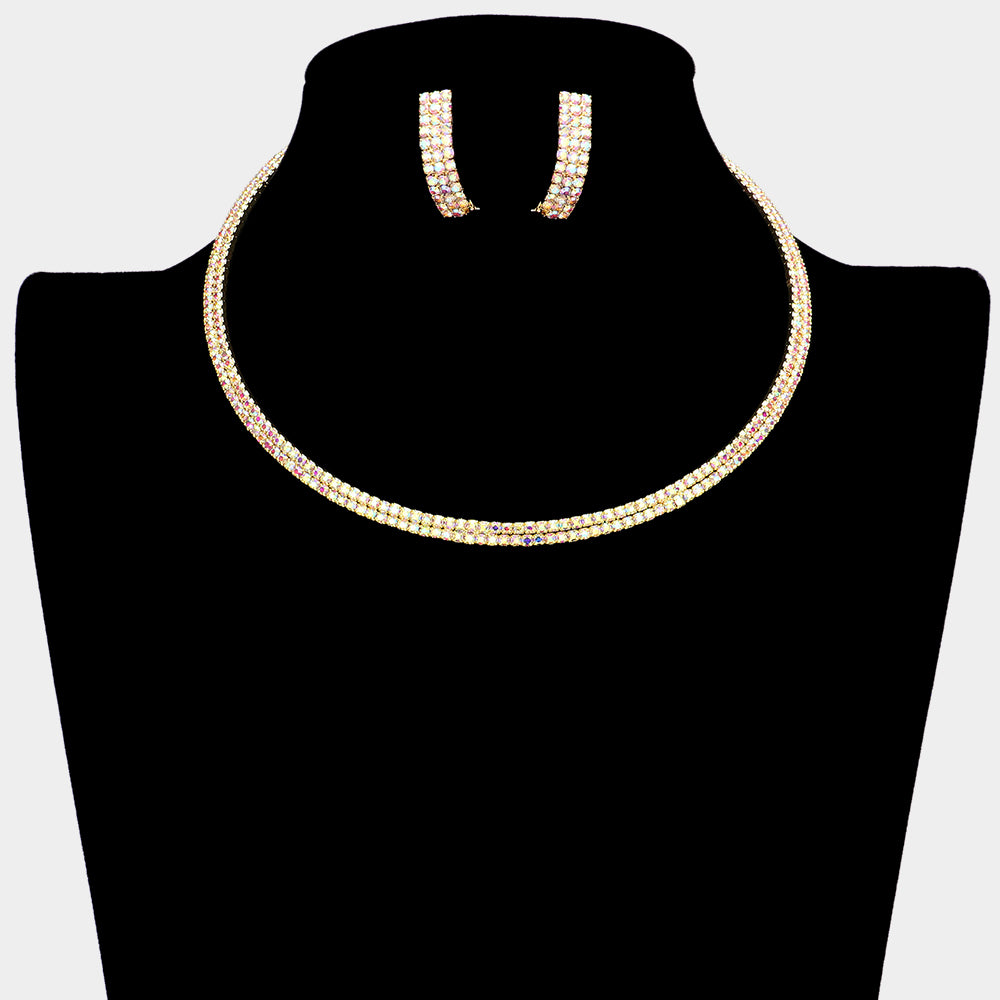 Two Row AB Crystal Rhinestone Choker with Earrings on Gold