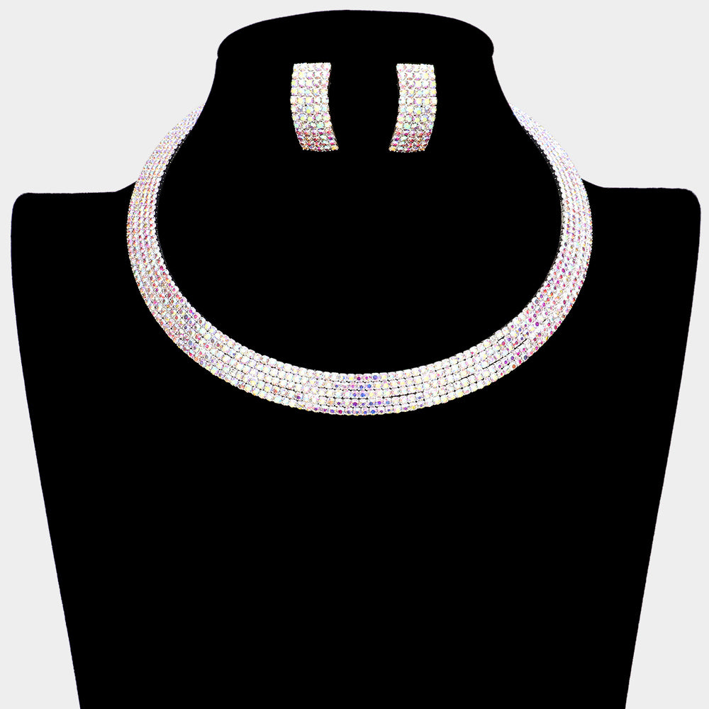 5 Row AB Rhinestone Choker and Earrings