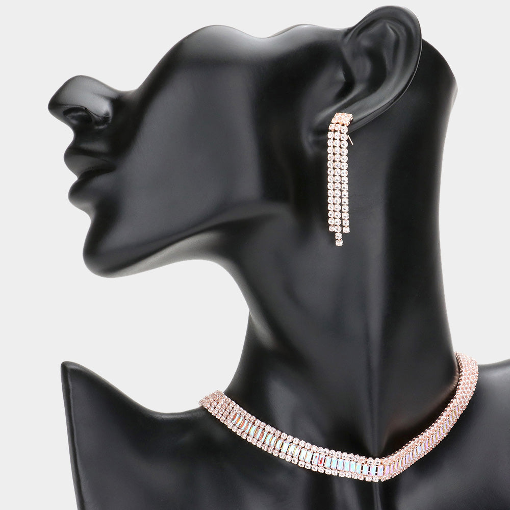 AB Rhinestone Cluster Choker Necklace Set on Rose Gold | Homecoming Jewelry | Pageant Jewelry