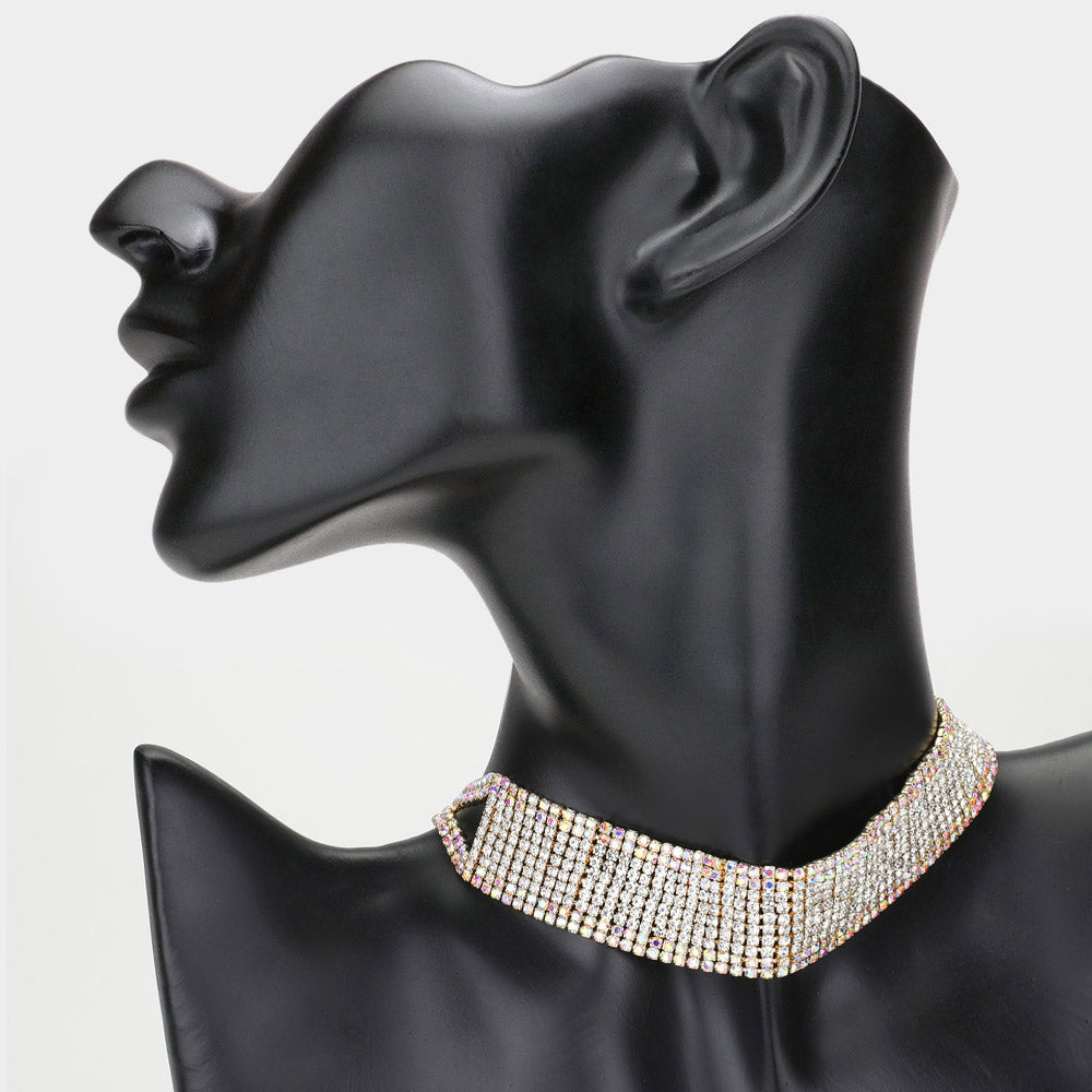 AB Rhinestone Choker Necklace on Gold | Prom Jewelry | 649063