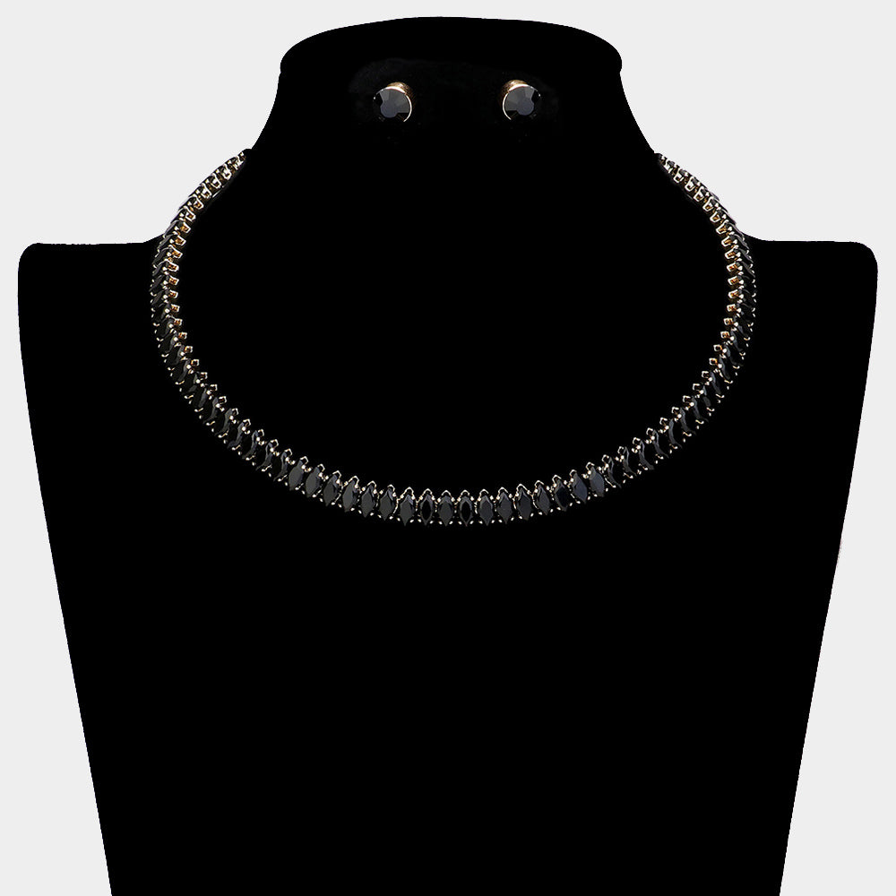 Jet Black Marquise Stone Pageant Choker Necklace on Gold | Prom Jewelry
