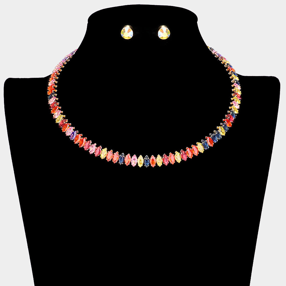 Multi-Color Marquise Stone Pageant Choker Necklace | Prom Jewelry