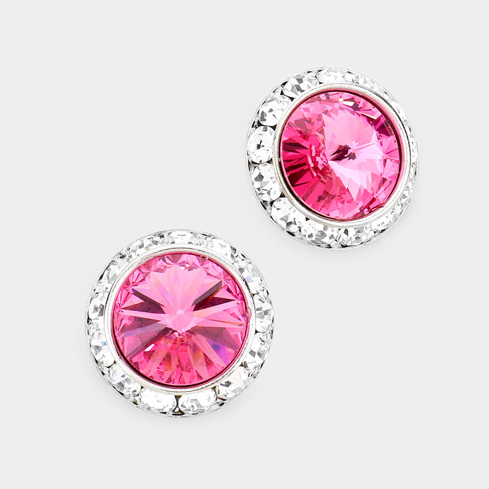 Austrian Pink Crystal Round Stud Earrings | 3/4"