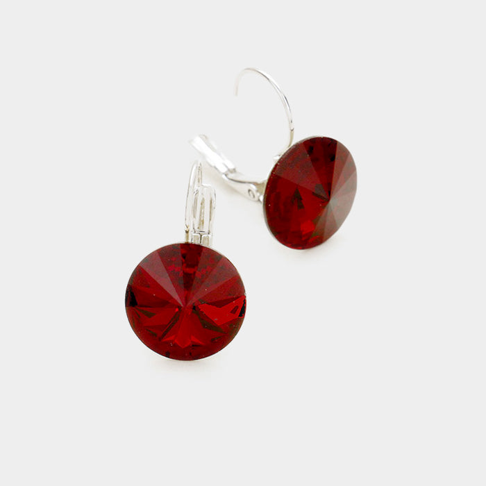 Dark Red Round Crystal Lever Back Pageant Earrings | Interview Earrings