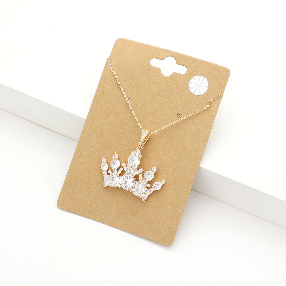 CZ Elegant Crown Pendant Necklace on gold