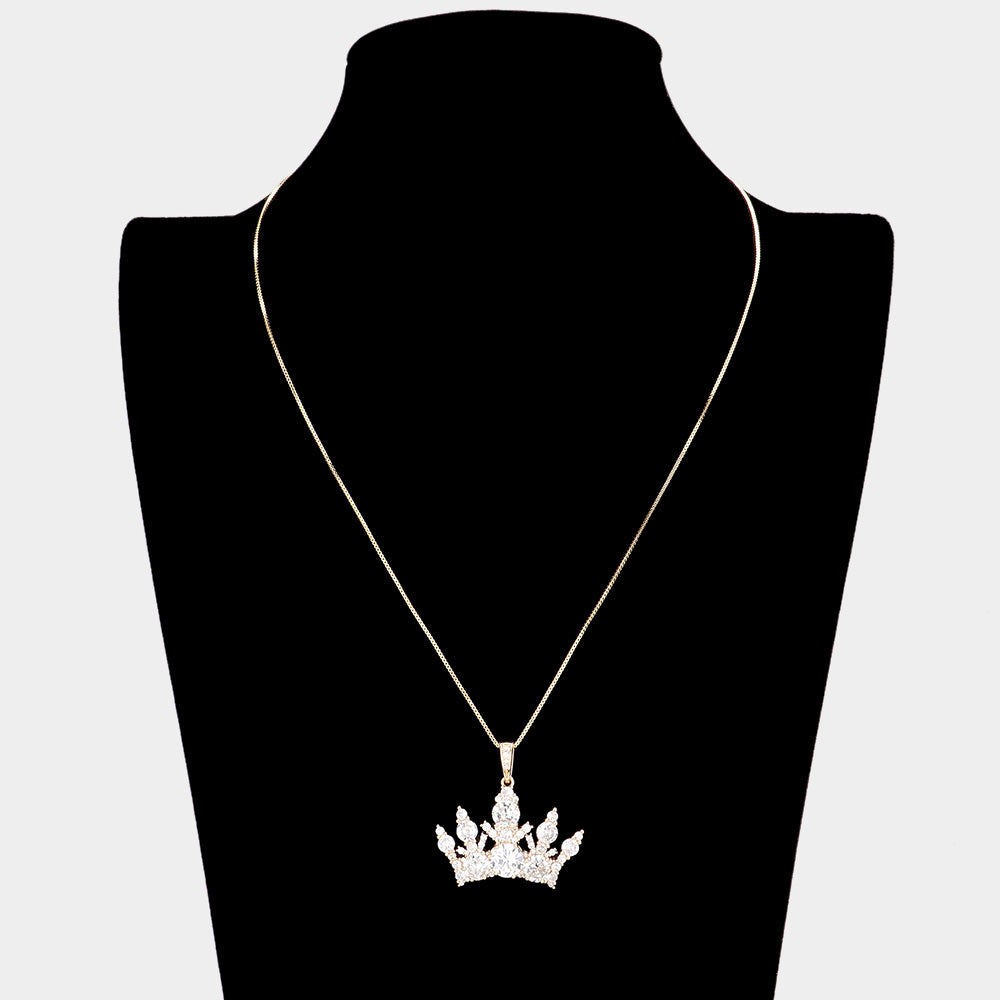 CZ Elegant Crown Pendant Necklace on gold full view