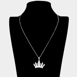 CZ Elegant Crown Pendant Necklace on silver full view