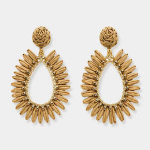 Champagne-gold woven raffia open teardrop earrings on gold with post backs isolated on a white background.