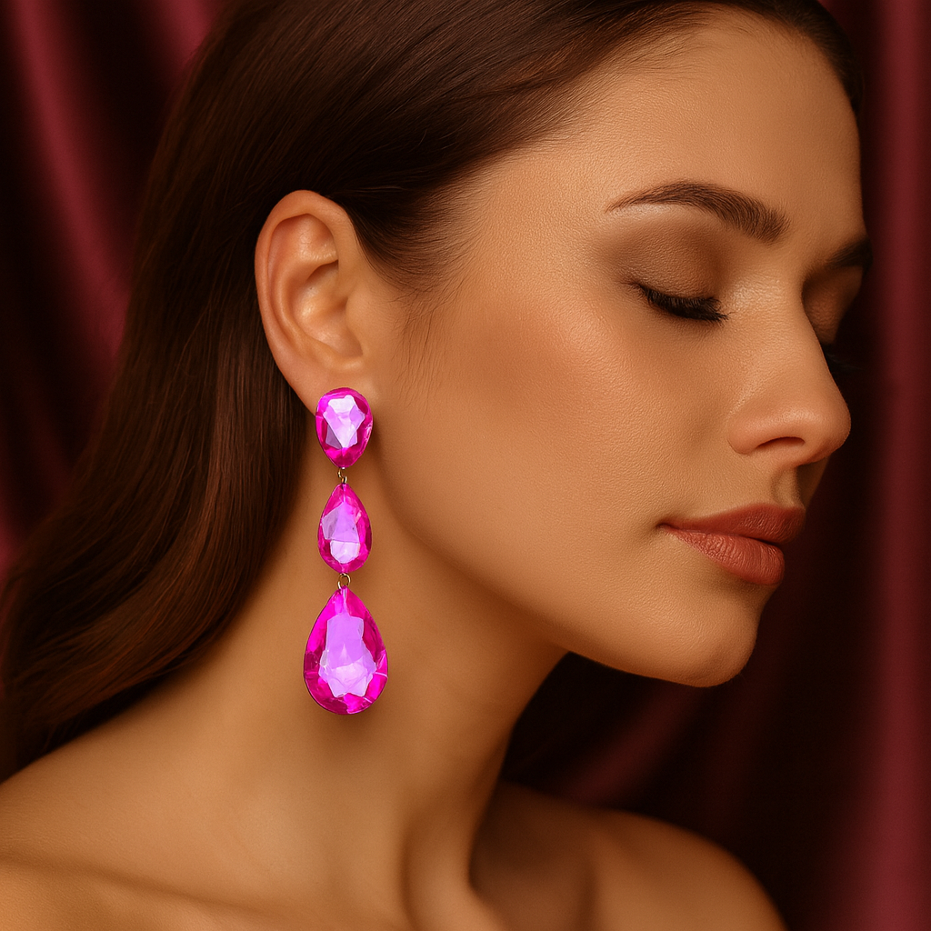 Fuchsia-Hot Pink AB Crystal Triple Teardrop Clip-on Pageant Earrings gold backed on a model's earlobe