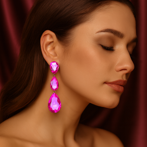 Fuchsia-Hot Pink AB Crystal Triple Teardrop Clip-on Pageant Earrings gold backed on a model's earlobe