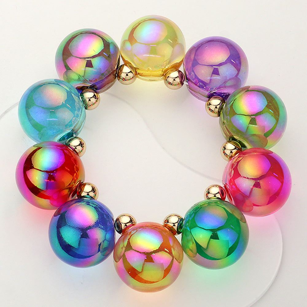 Chunky mult-color iridescent balls/spheres bracelet on a white background