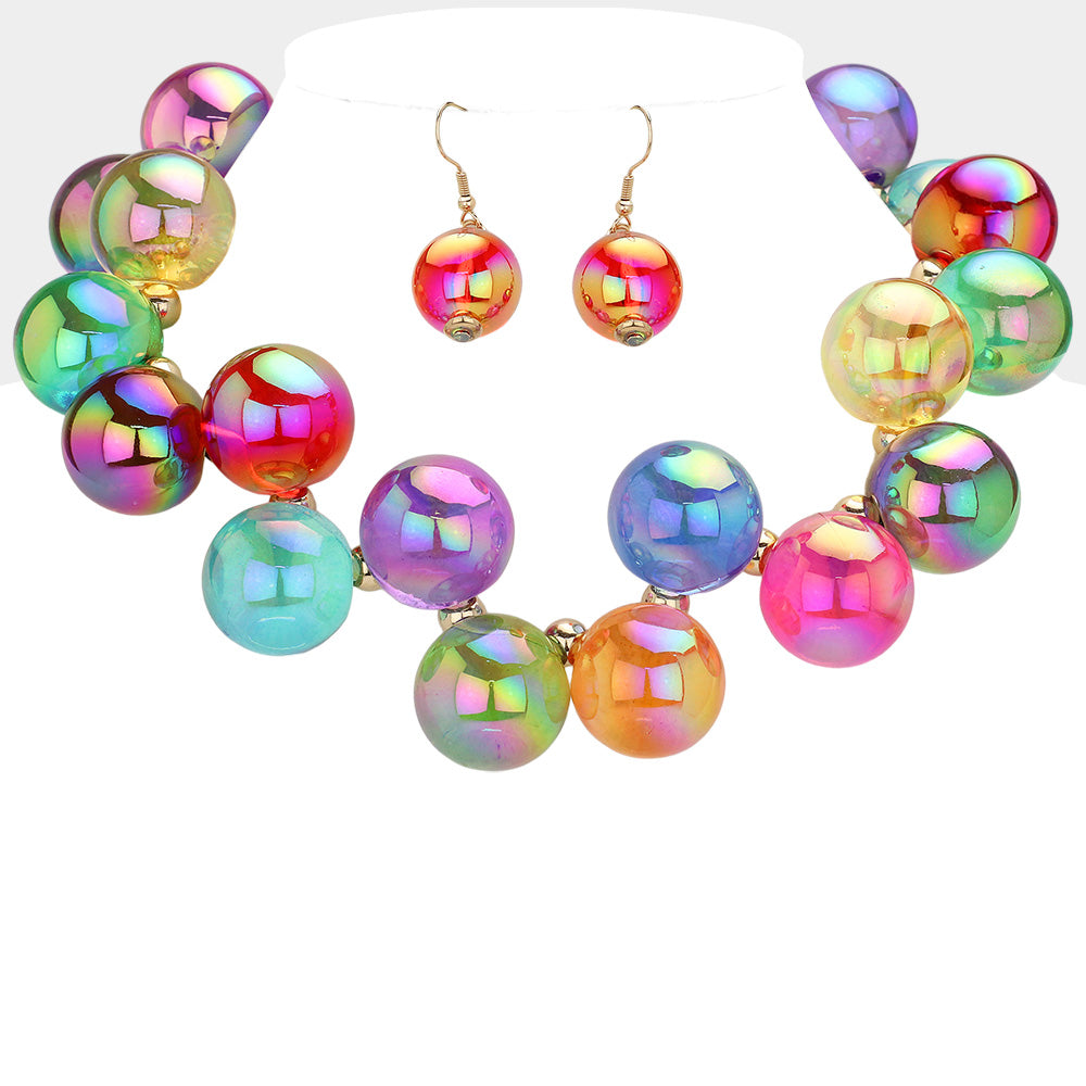 Chunky Multi-Color iridescent balls/spheres necklace with matching earrings on a white background