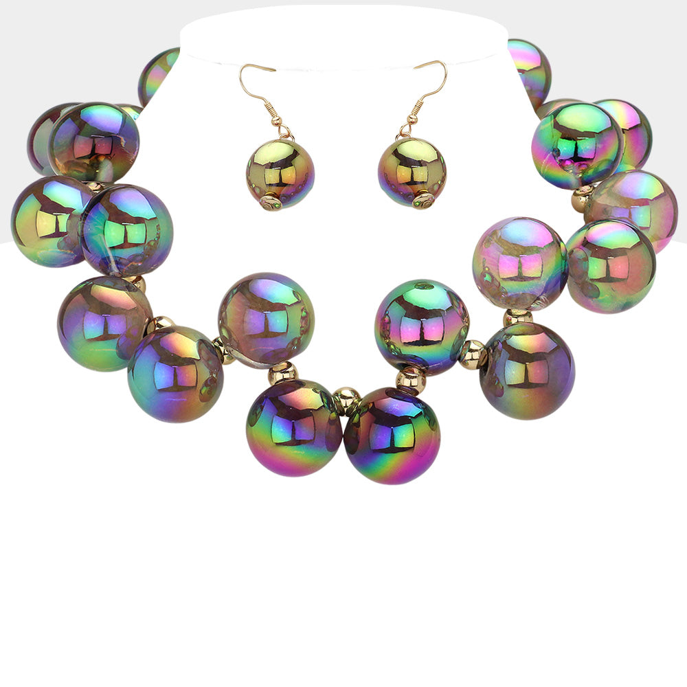 Chunky multi-color  iridescent balls/spheres necklace with matching earrings on a white background