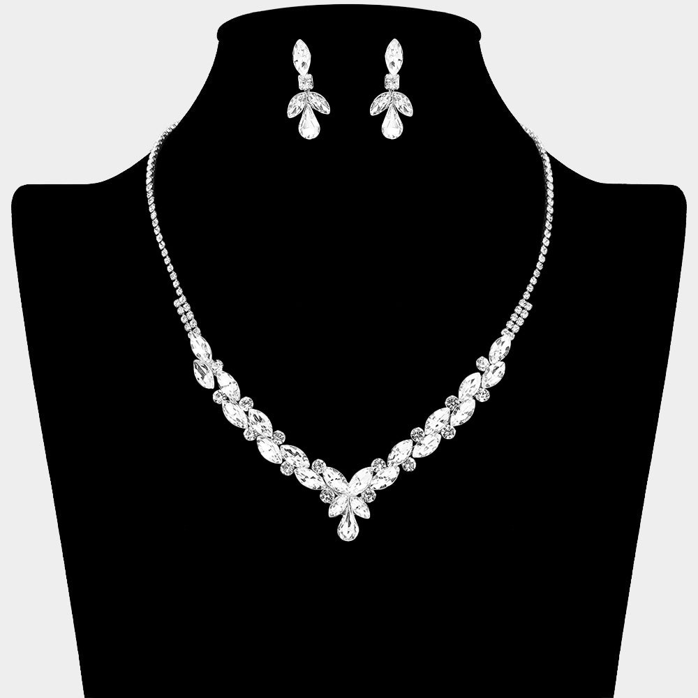 Clear marquise teardrop rhinestone cluster necklace set with matching earrings, all silver backed for prom and formal wear on a black mannequin bust. 