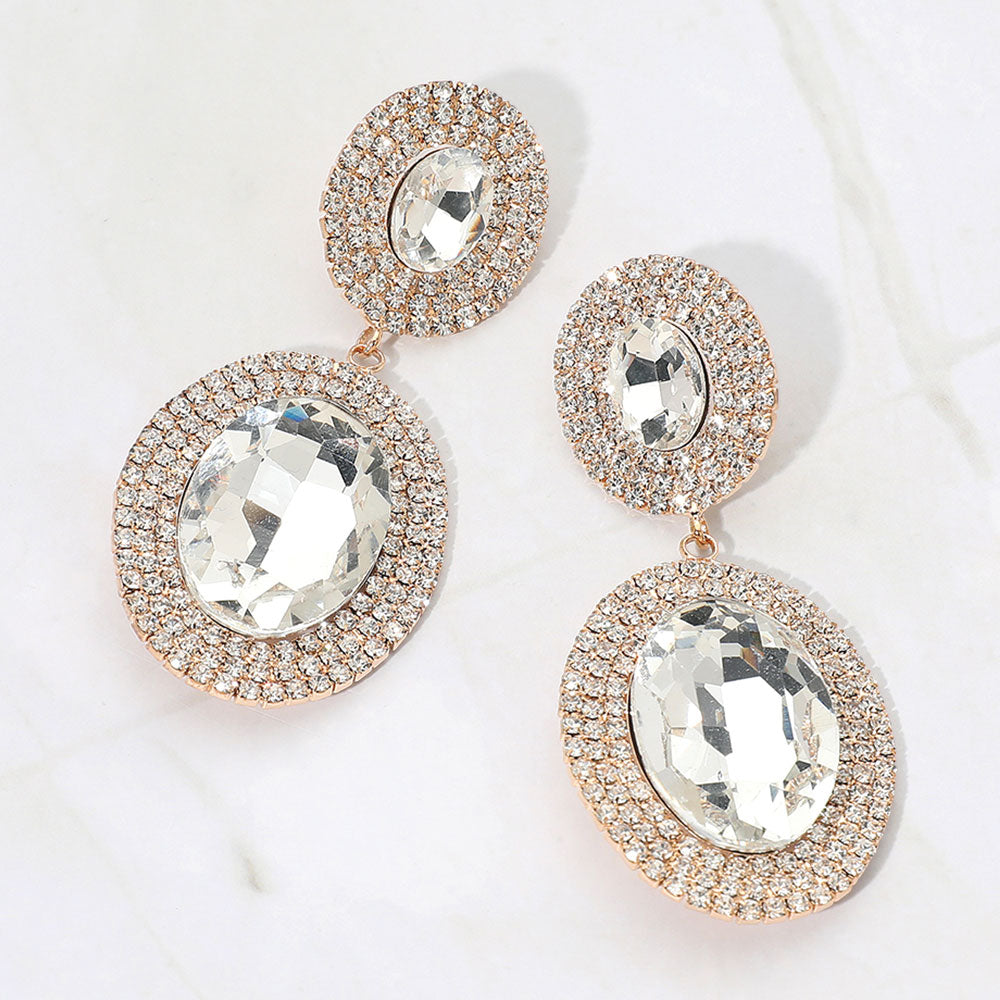 Clear crystal double oval halos surrounded by rhinestones on gold on a white background — elegant 2.8" statement jewelry for weddings, prom, and evening glam.