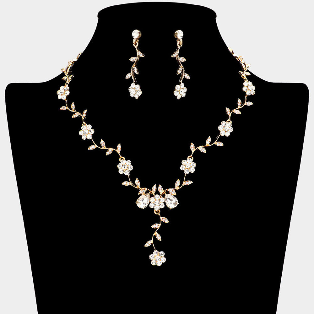 Crystal Floral Vine Prom Necklace Set | Evening Necklace Set, gold backed, on a black mannequin bust