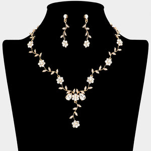 Crystal Floral Vine Prom Necklace Set | Evening Necklace Set, gold backed, on a black mannequin bust