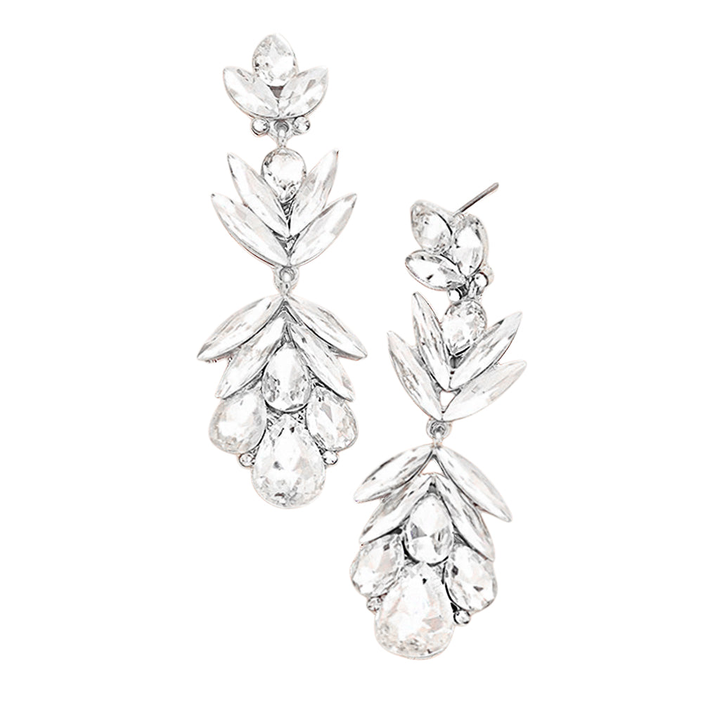 Clear Crystal Earrings with Petal Shaped Features Silver backed on a white background