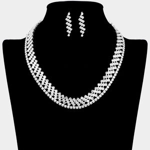 Clear crystal rhinestone 2-necklace layering set on silver with two separate coordinating necklaces and matching drop earrings, displayed on a black jewelry bust.