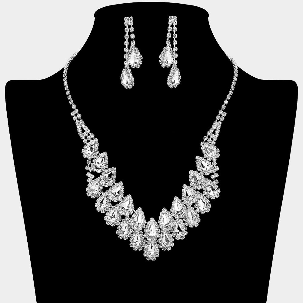 Clear Crystal Rhinestone Double Row Necklace Set on a black mannequin bust on a white background