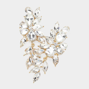 Clear crystal marquise statement earrings on gold with a cascading arrangement of faceted marquise stones, displayed on a white background.