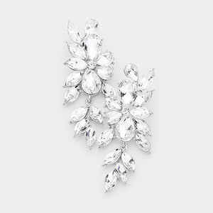 Clear crystal marquise statement earrings on silver with a cascading arrangement of faceted marquise stones, displayed on a white background.