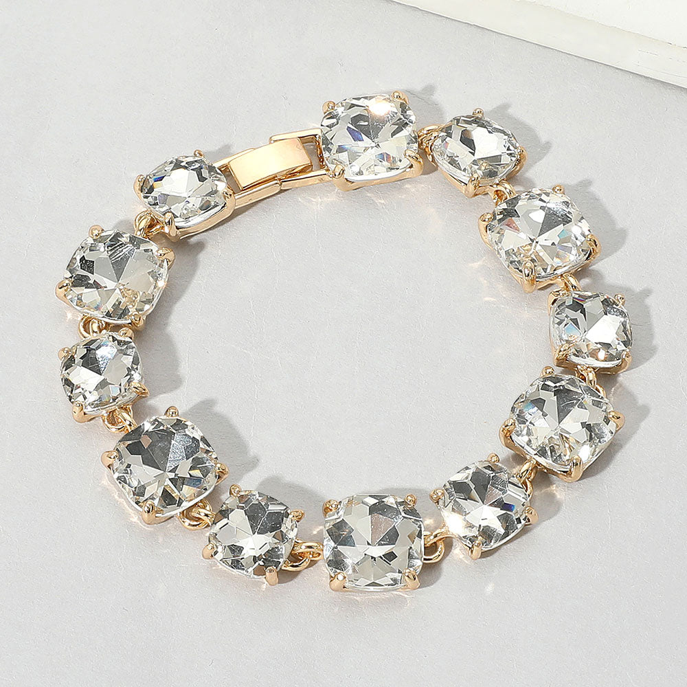 Clear Cushion Square Stone Link Evening on Gold-Pageant-Prom-Special Occasion