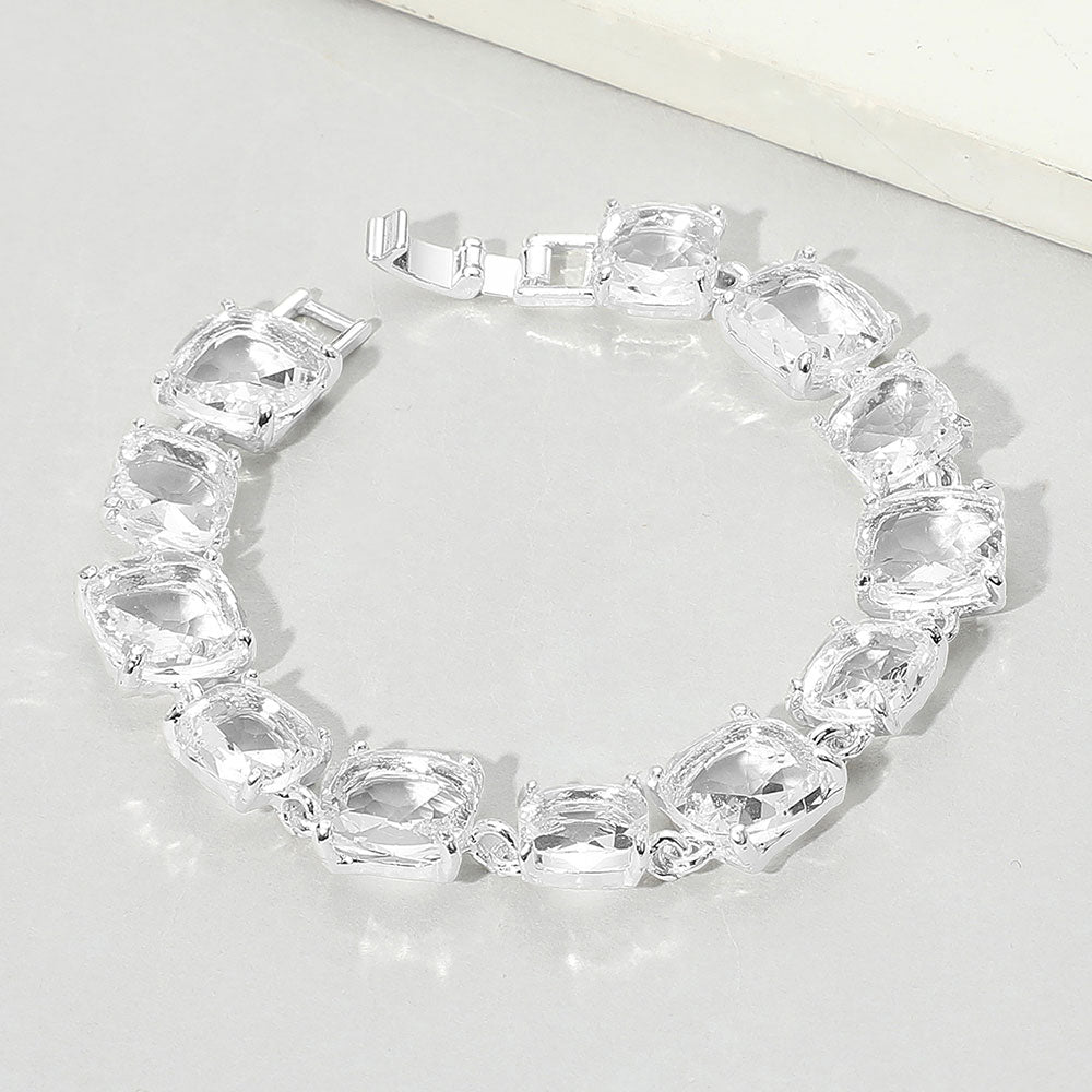 Clear Cushion Square Stone Link Evening on Silver-Pageant-Prom-Special Occasion