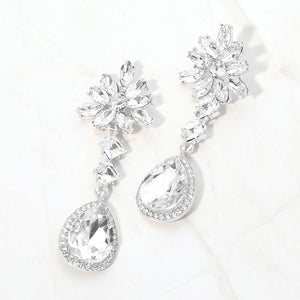 Clear crystal flower teardrop earrings in a silver finish featuring marquise crystal flower tops and large faceted clear crystal teardrop drops, displayed on a white background.