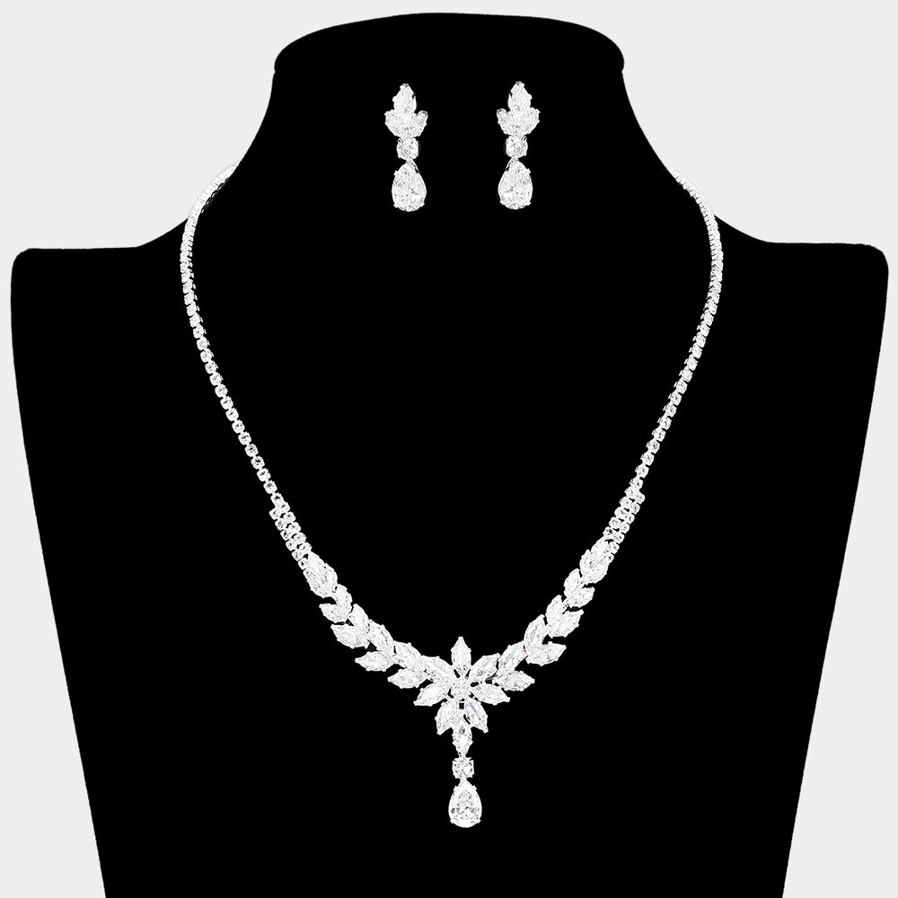 Clear marquise CZ teardrop crystal necklace set on silver with matching earrings, elegant statement jewelry for prom and evening wear on a white background