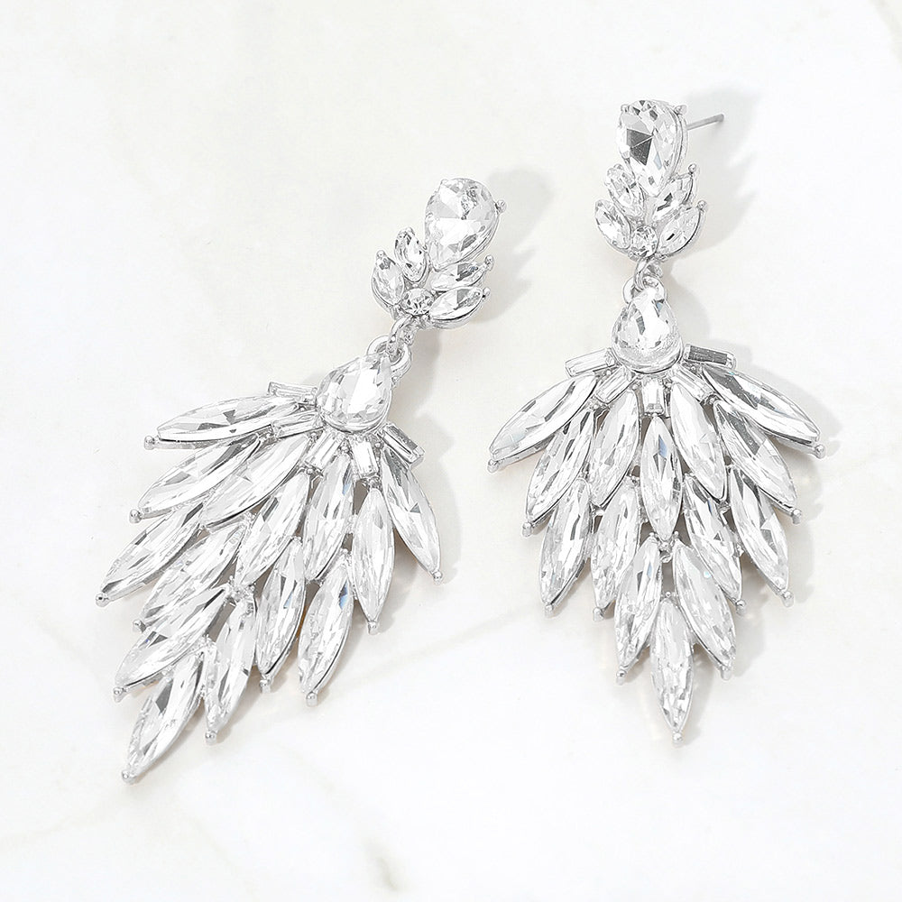 Clear marquise cluster pageant prom drop earrings in a silver setting on a white background