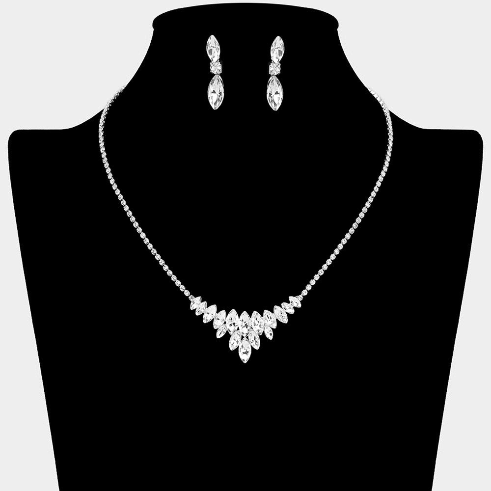 Clear Crystal Cluster Statement Necklace with matching earrings silver backed – Sparkling Rhinestone Embellished Jewelry. Shown here on a black mannequin bust. 