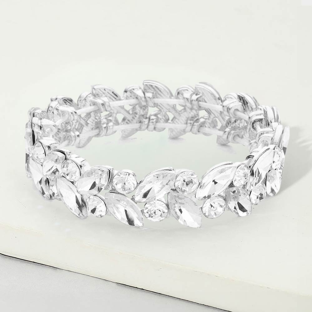 Clear Marquise & Round Stone Cluster Stretch Bracelet on Silver |  574994