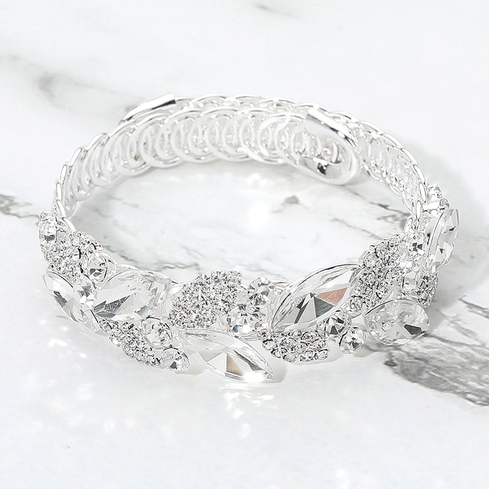 Clear marquise stone cluster adjustable bracelet on silver on marble surface