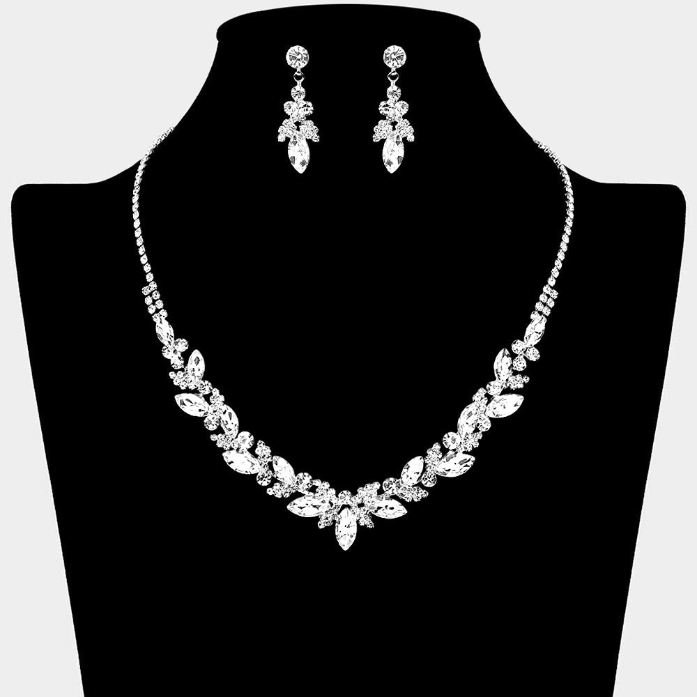 Clear marquise leaf rhinestone necklace set on silver displayed on black bust background