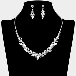 Clear marquise leaf rhinestone necklace set on silver displayed on black bust background