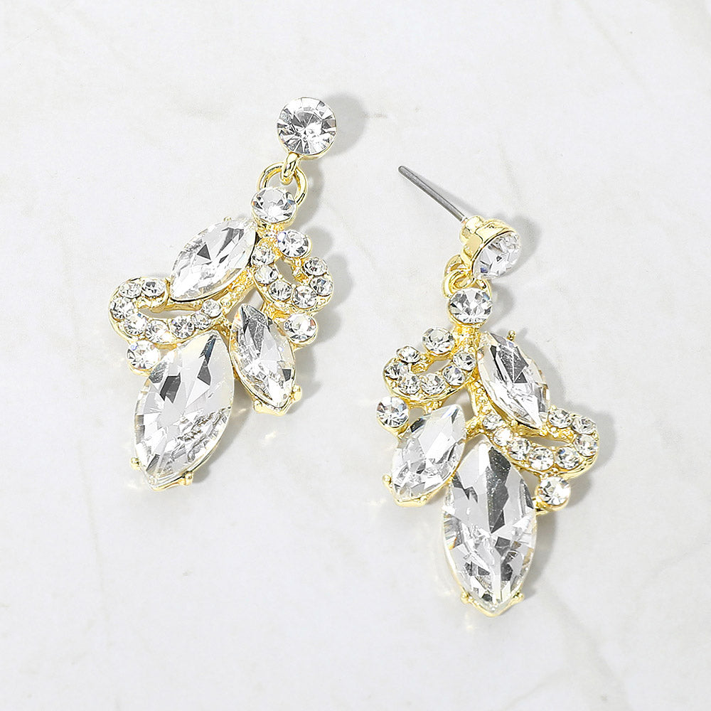Clear marquise stone cluster prom beauty walk and formal drop earrings on gold on white background