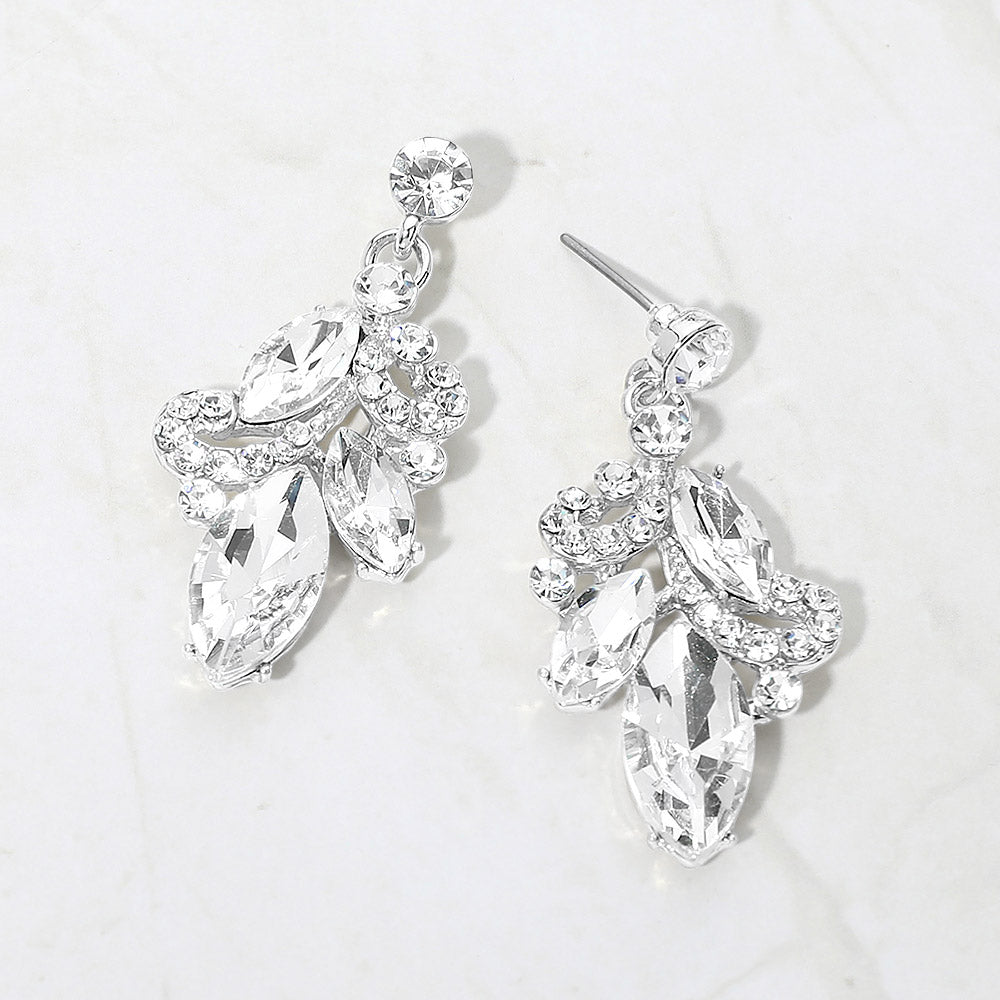Clear marquise stone cluster prom, beauty walk and formal drop earrings on silver on white background